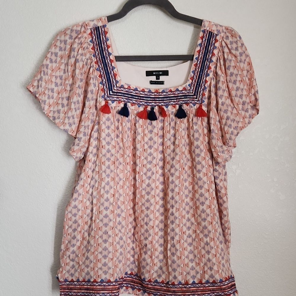 Miss Me Pink & Navy Embroidered Tassel Peasant Blouse
